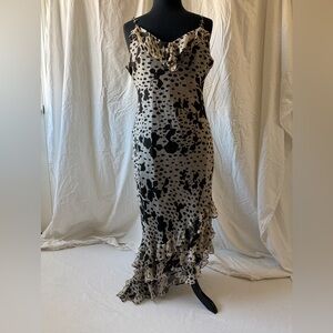 Vintage Ice Silk Black and Cream Dress with Abstract Floral Pattern Y2K